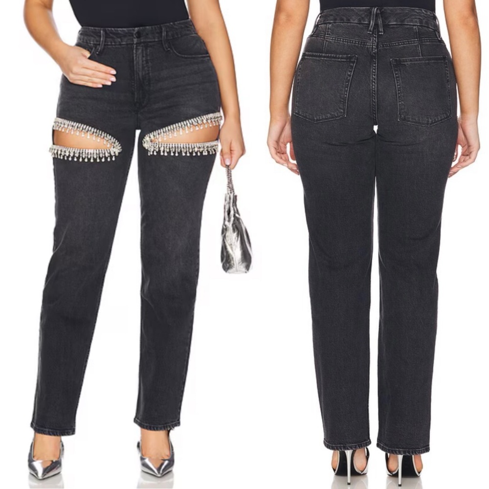 Good American NWT Good Icon Straight Diamond Jeans in Black 376 Size 16